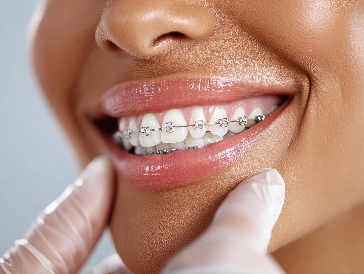 Close-up of a patient smiling with traditional braces
